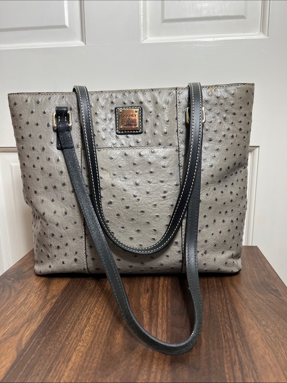 Dooney & Bourke Gray Ostrich-Embossed Tote with Black Handles